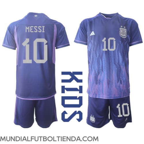 Camiseta Argentina Lionel Messi #10 Segunda Equipación Replica Mundial 2022 para niños mangas cortas (+ Pantalones cortos)